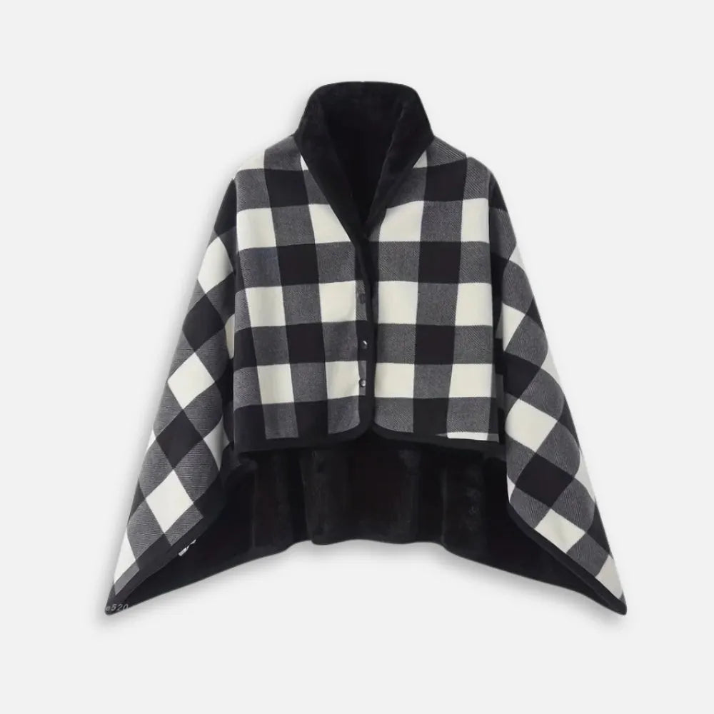Poncho à carreaux noir élégant pour l’automne-Poncho Passion