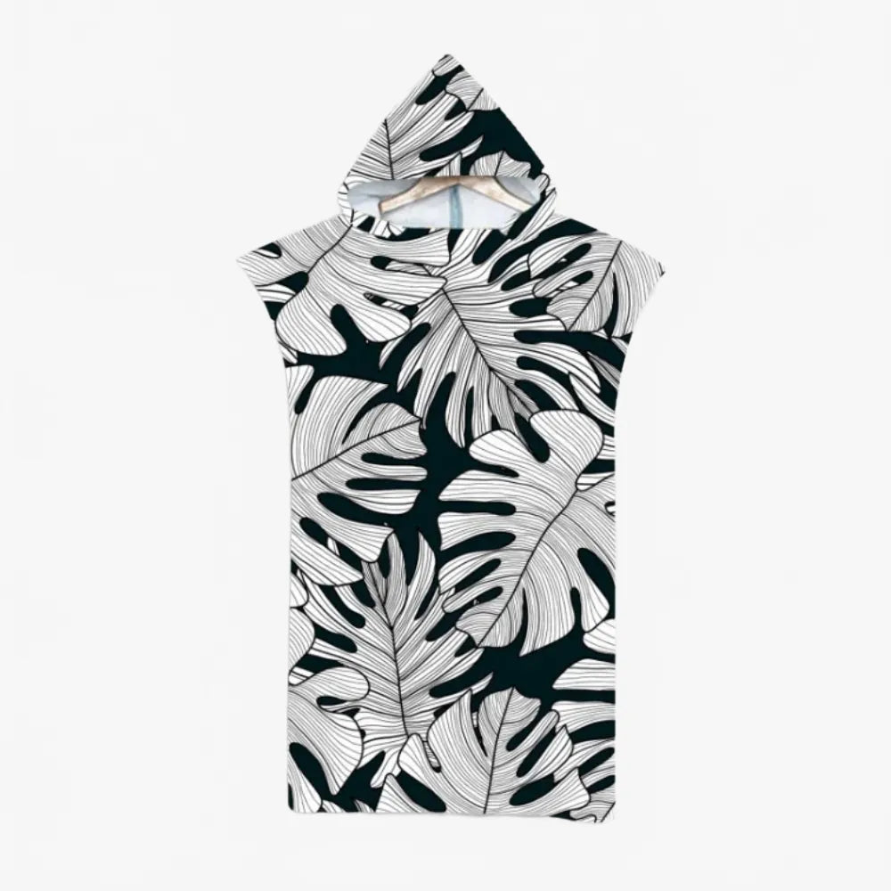 Poncho bain élégant feuilles noir et blanc unisexe-Poncho Passion