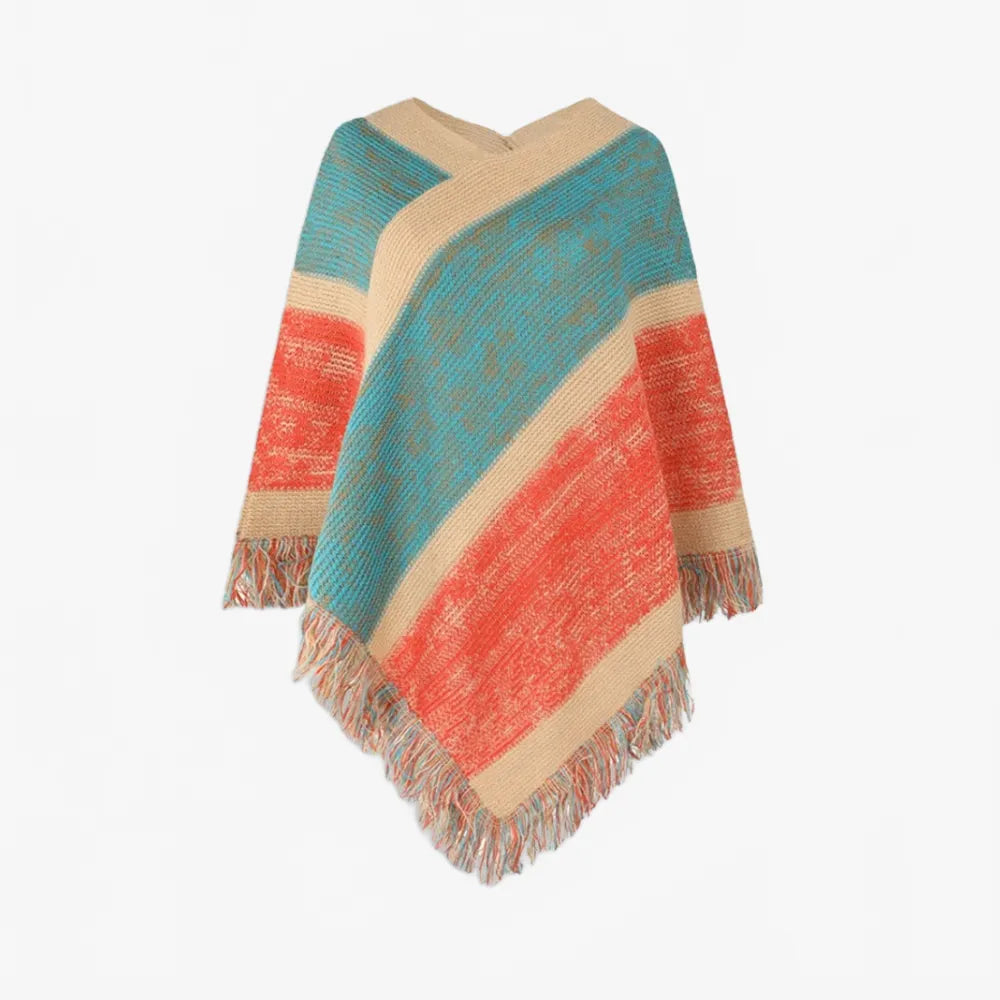 Poncho bleu élégant à franges pour toutes saisons-Poncho Passion