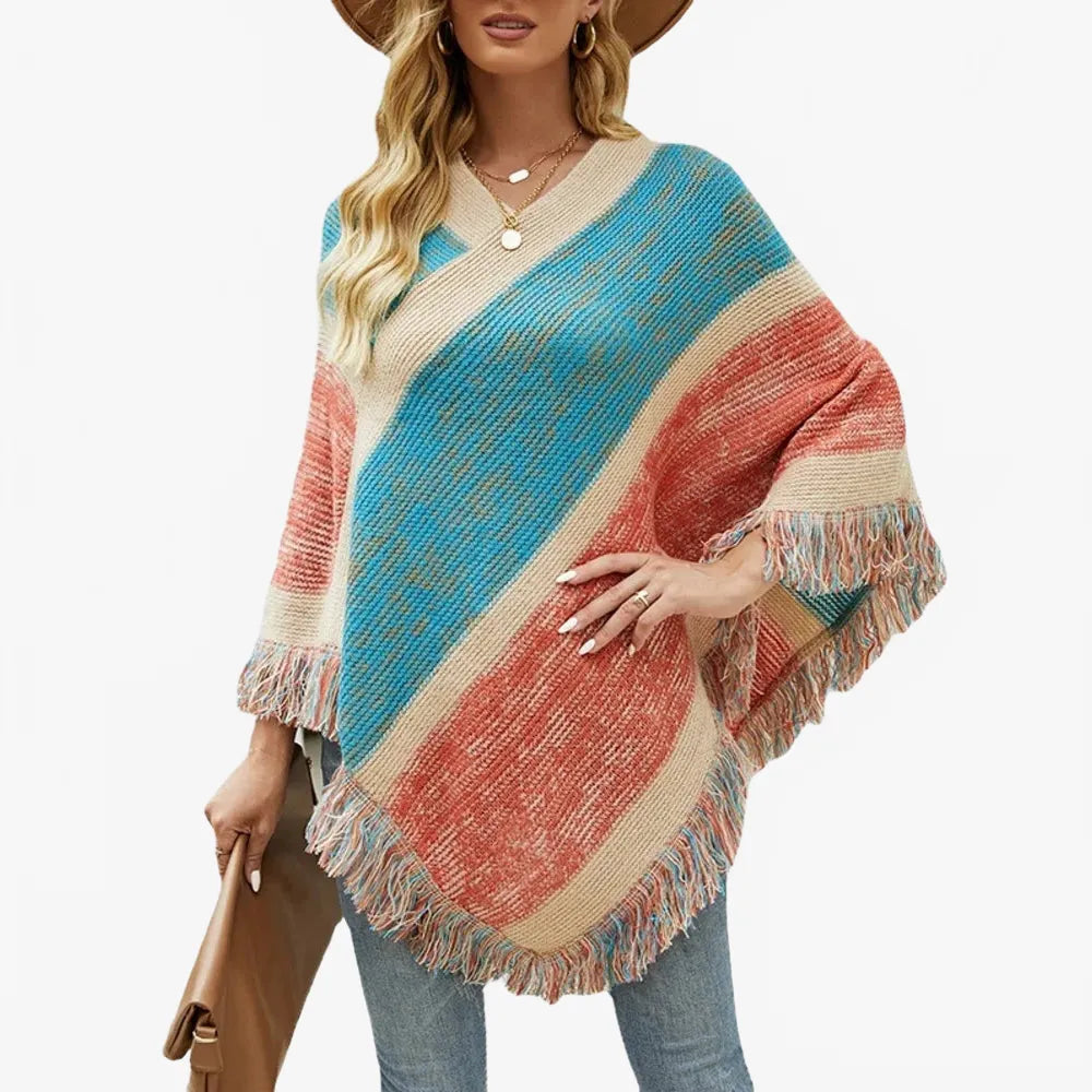 Poncho bleu élégant à franges pour toutes saisons-Poncho Passion