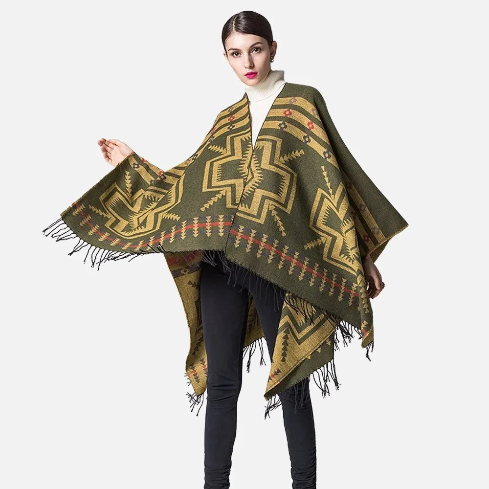 Poncho croix mexicaine kaki à motifs bohèmes-Poncho Passion