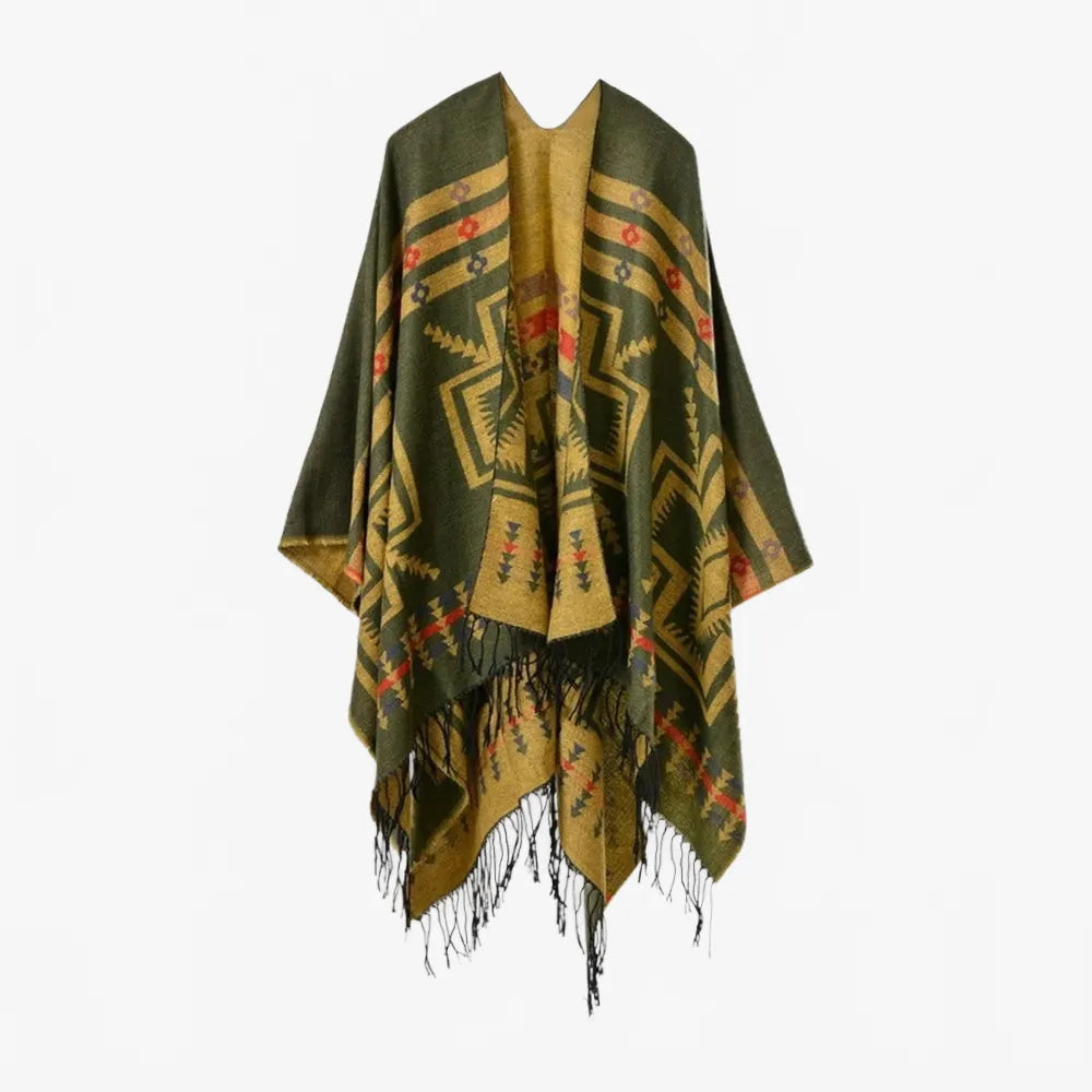 Poncho croix mexicaine kaki à motifs bohèmes-Poncho Passion