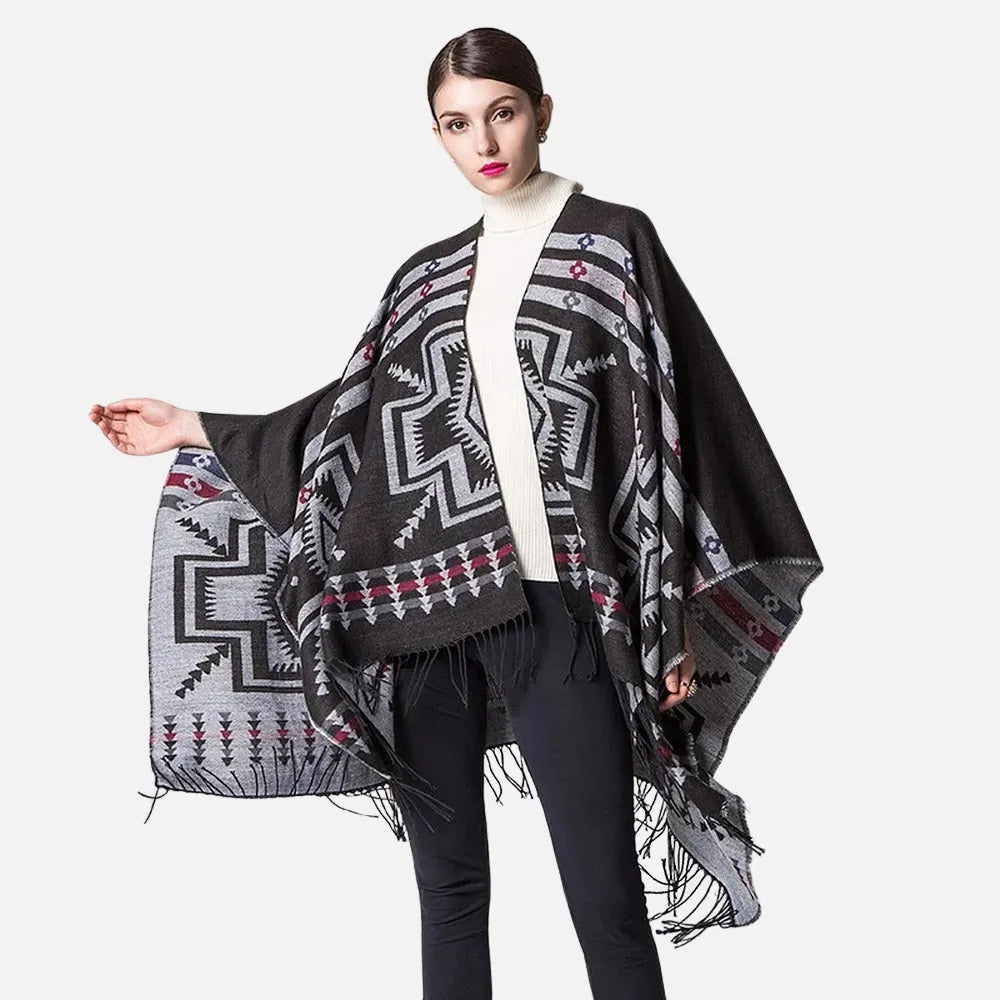 Poncho croix mexicaines élégant noir pour hiver-Poncho Passion