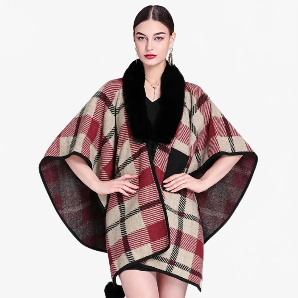 Poncho élégant à carreaux avec col en fourrure-Poncho Passion