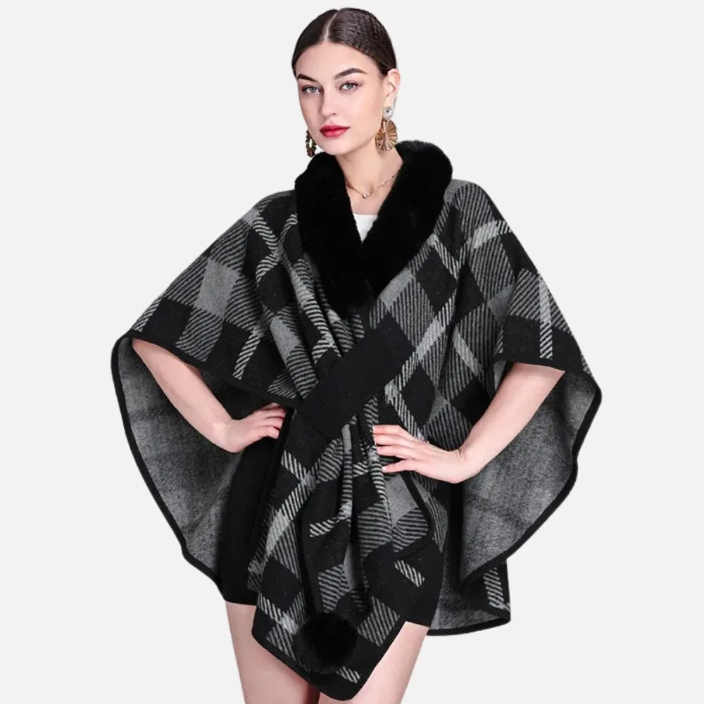 Poncho élégant à carreaux avec col en fourrure-Poncho Passion