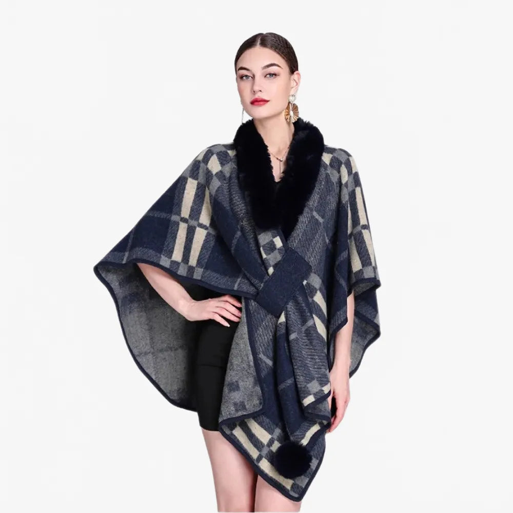 Poncho élégant à carreaux avec col en fourrure-Poncho Passion