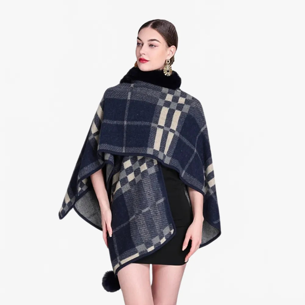 Poncho élégant à carreaux avec col en fourrure-Poncho Passion