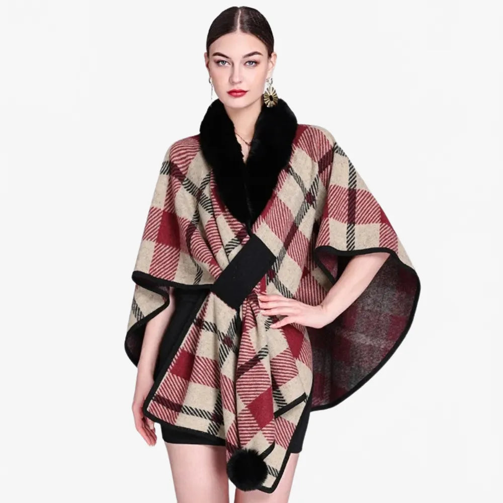 Poncho élégant à carreaux avec col en fourrure-Poncho Passion