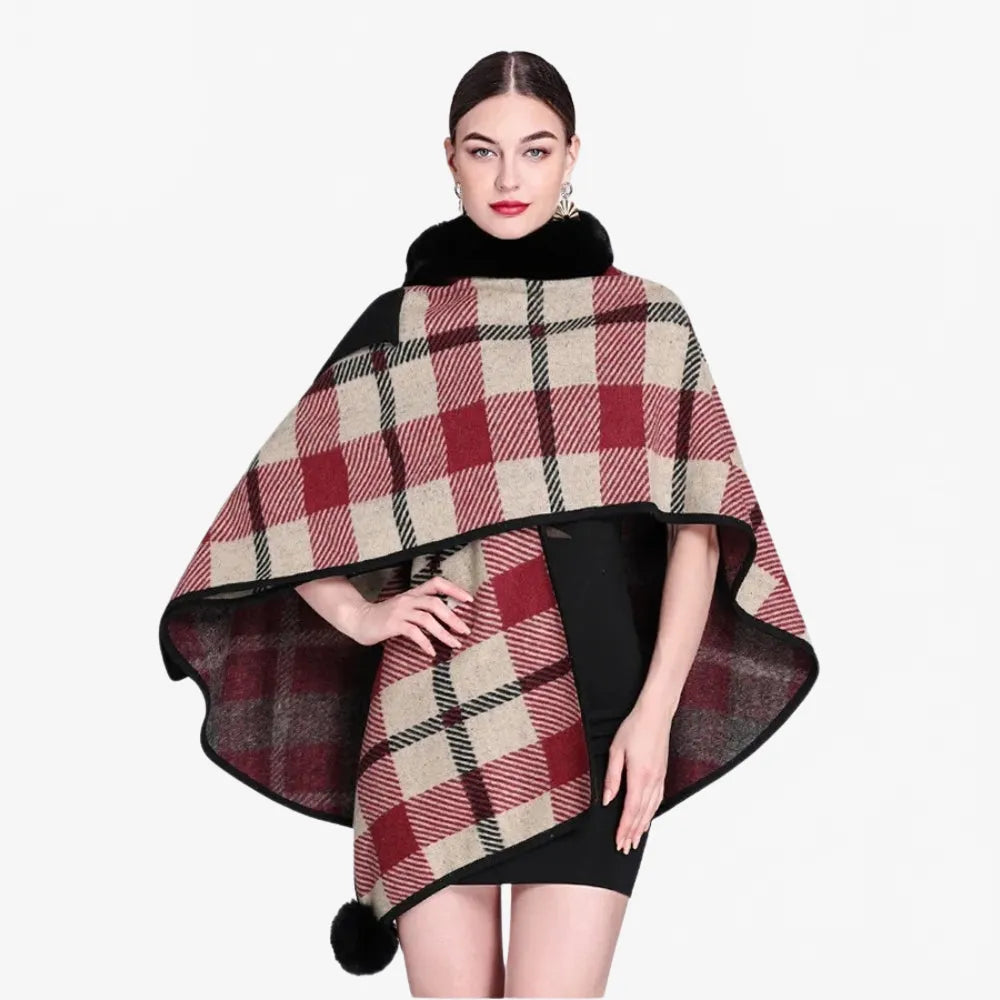 Poncho élégant à carreaux avec col en fourrure-Poncho Passion