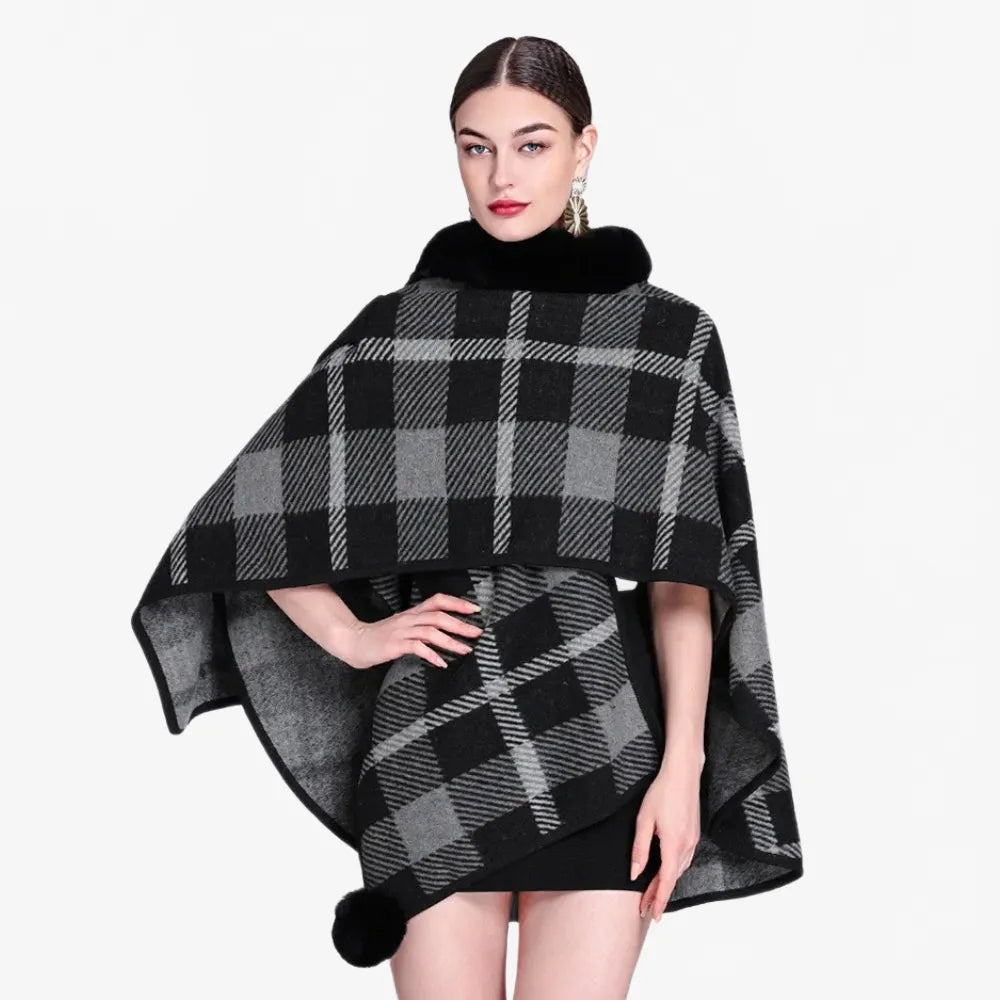 Poncho élégant à carreaux avec col en fourrure-Poncho Passion
