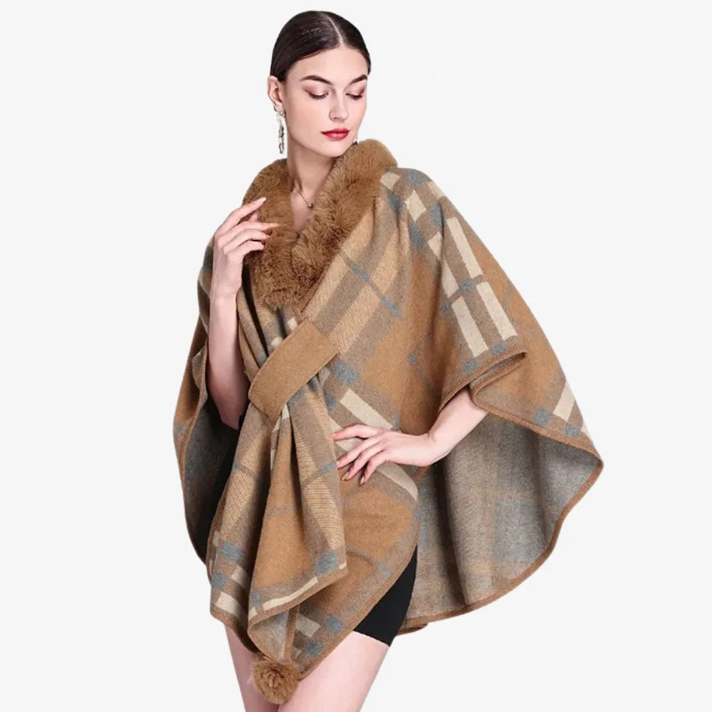 Poncho élégant à carreaux avec col en fourrure-Poncho Passion