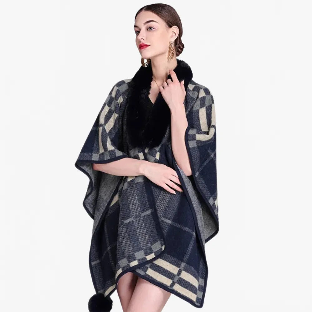 Poncho élégant à carreaux avec col en fourrure-Poncho Passion