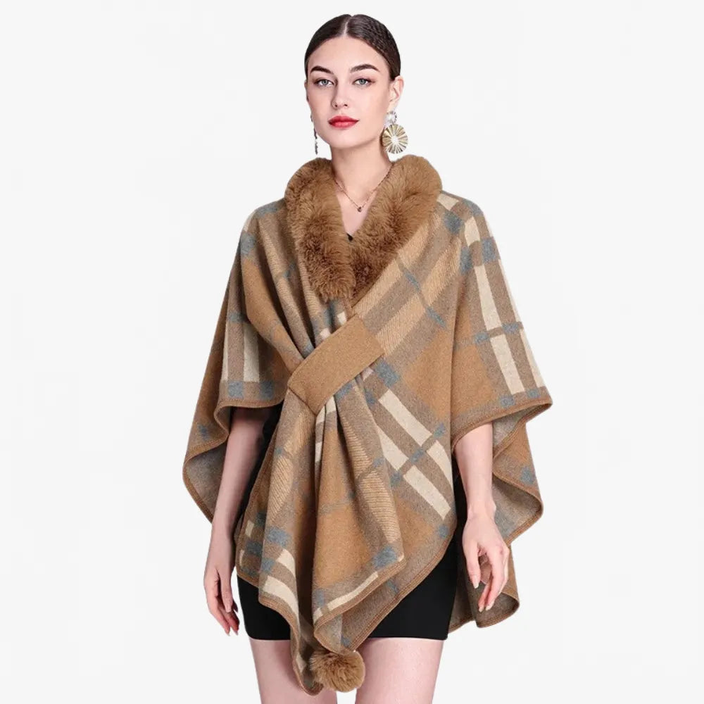 Poncho élégant à carreaux avec col en fourrure-Poncho Passion