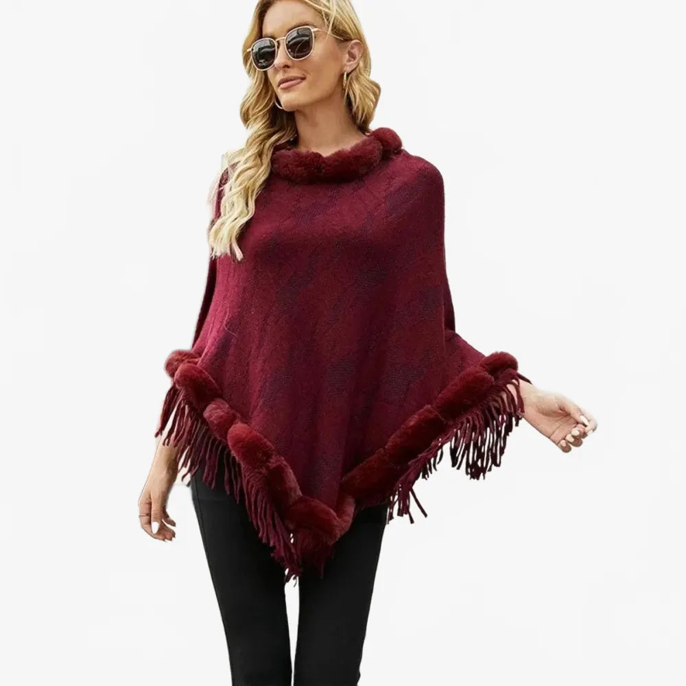 Poncho élégant à col fourrure pour femme-Poncho Passion