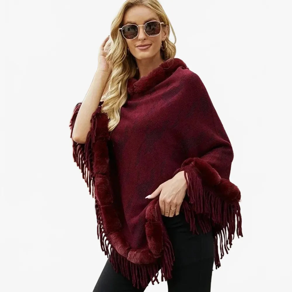 Poncho élégant à col fourrure pour femme-Poncho Passion