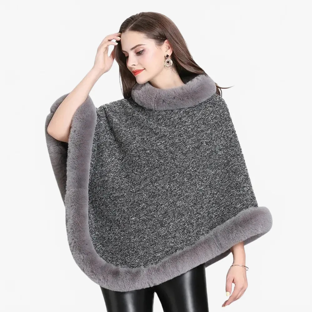Poncho élégant avec bordure en fourrure pour l'hiver-Poncho Passion