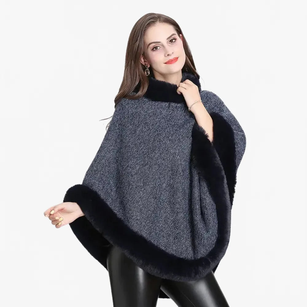 Poncho élégant avec bordure en fourrure pour l'hiver-Poncho Passion