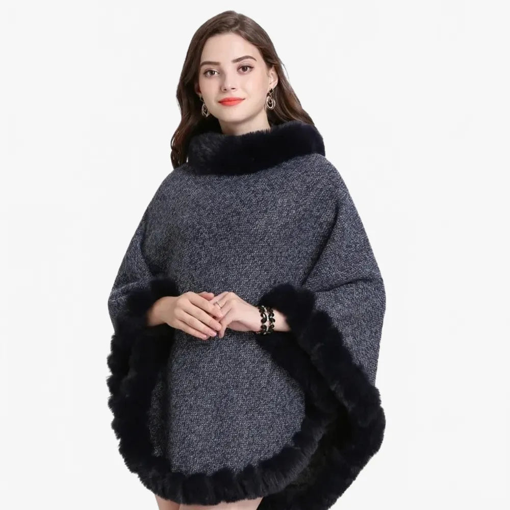 Poncho élégant avec bordure en fourrure pour l'hiver-Poncho Passion