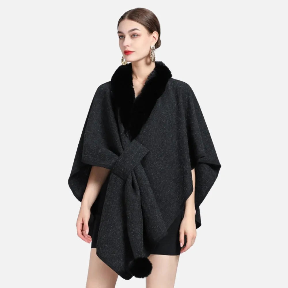 Poncho élégant col fourrure pour hiver femme-Poncho Passion