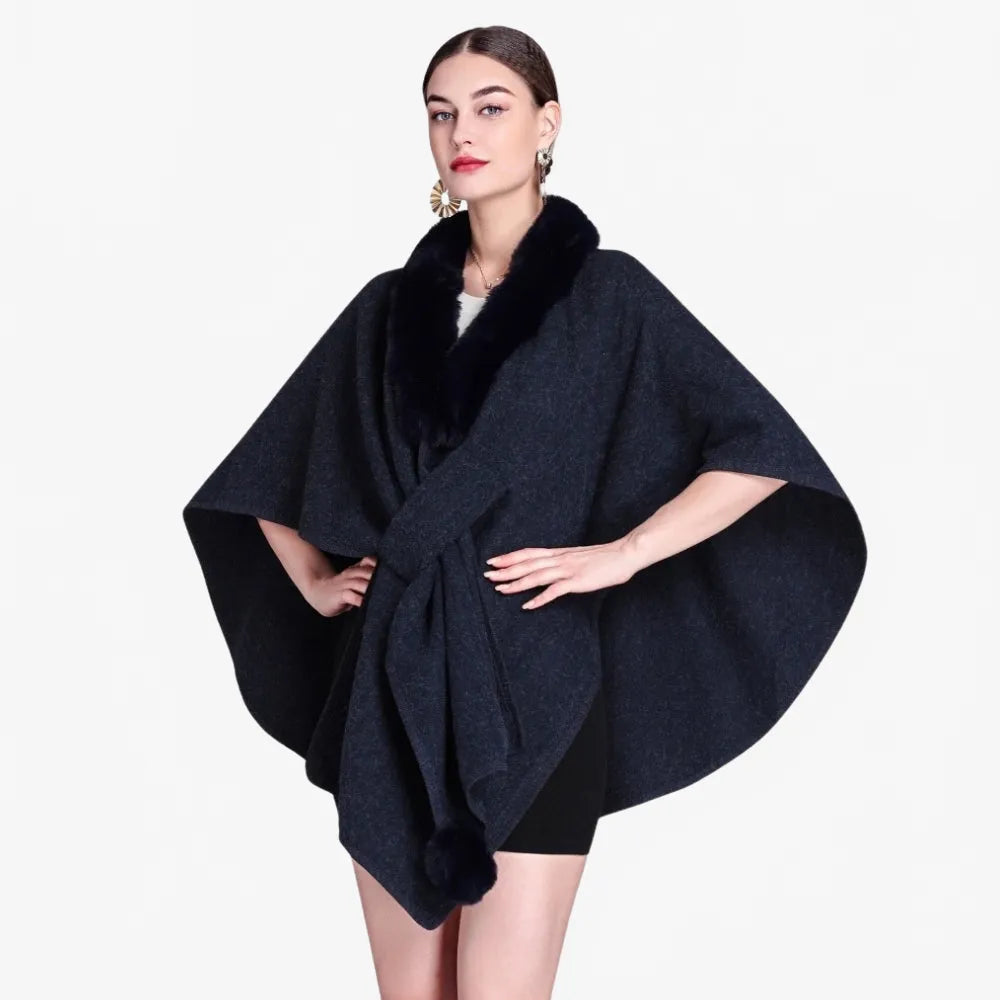 Poncho élégant col fourrure pour hiver femme-Poncho Passion