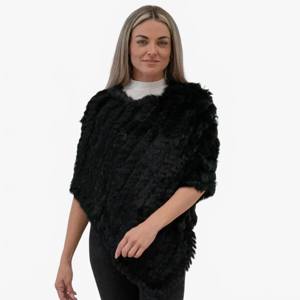 Poncho élégant noir en fausse fourrure pour femme-Poncho Passion