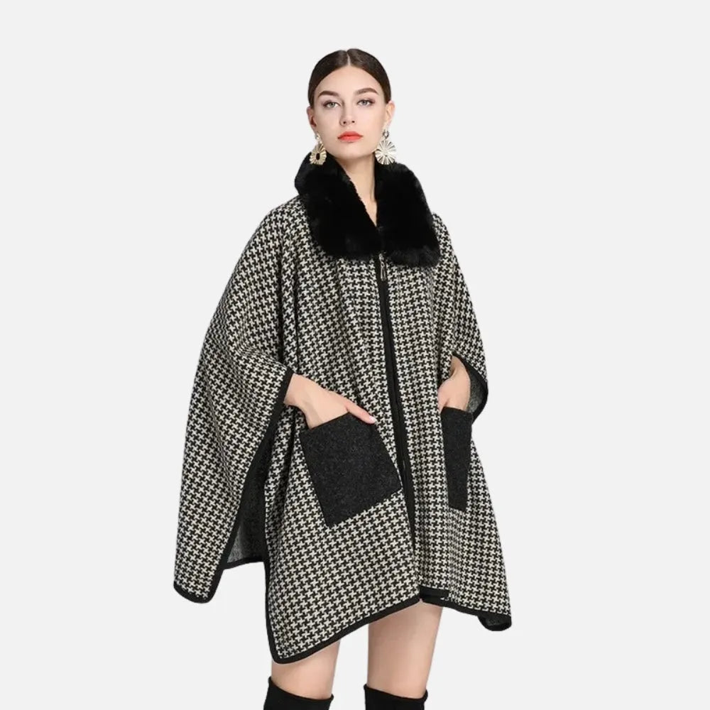 Poncho élégant zippé avec col en fourrure pour femme-Poncho Passion