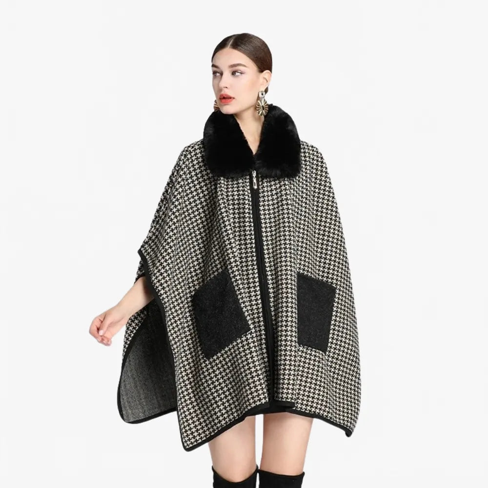 Poncho élégant zippé avec col en fourrure pour femme-Poncho Passion