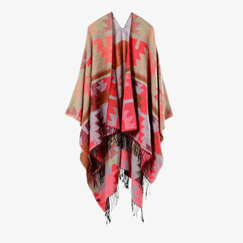 Poncho ethnique rouge motifs péruviens pour hiver-Poncho Passion