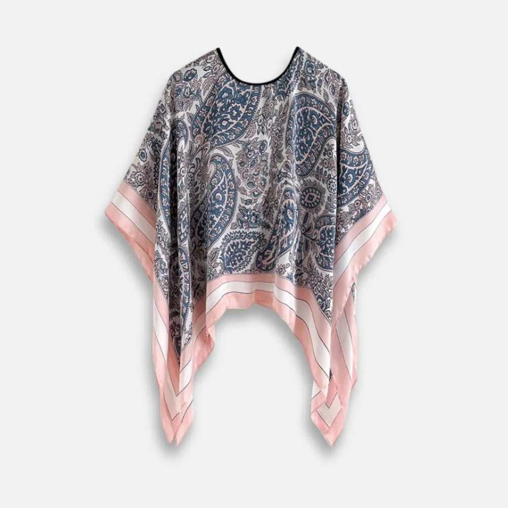 Poncho féminin motifs floraux bleu rose élégant-Poncho Passion