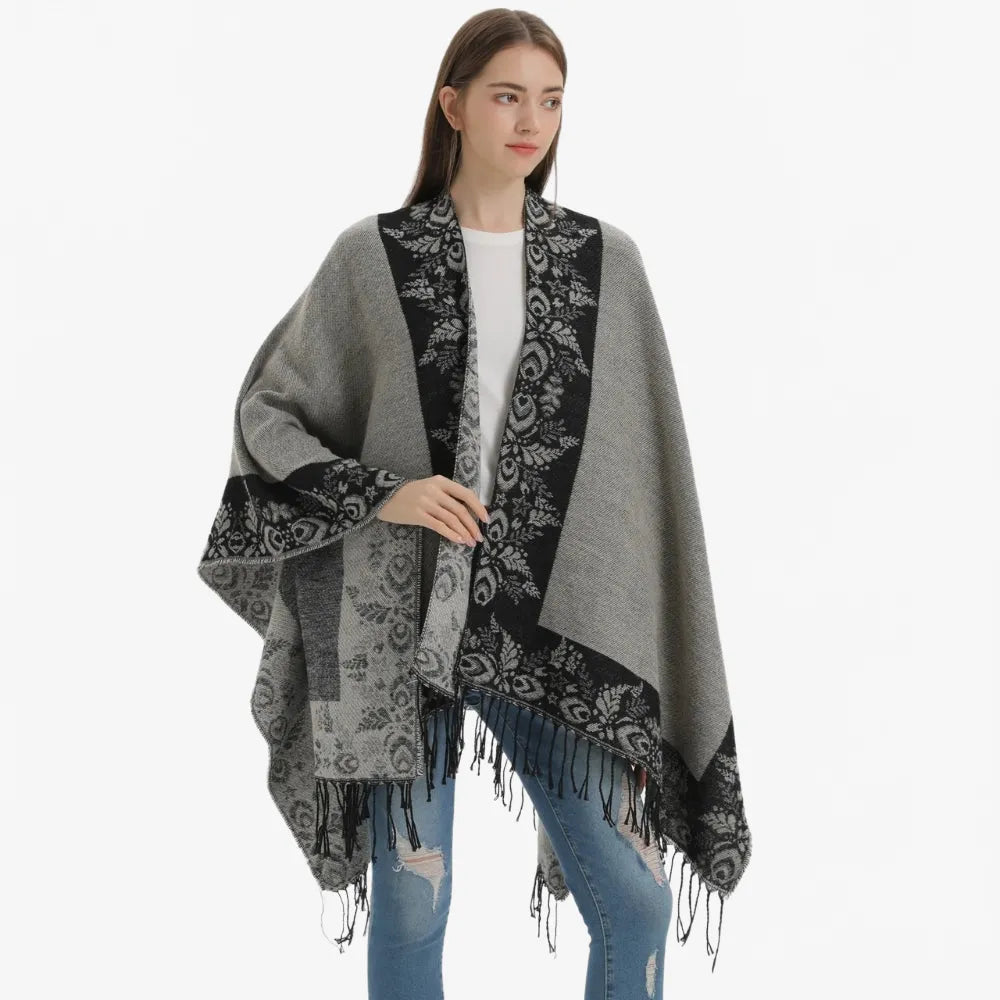 Poncho floral à franges bohème pour femme-Poncho Passion