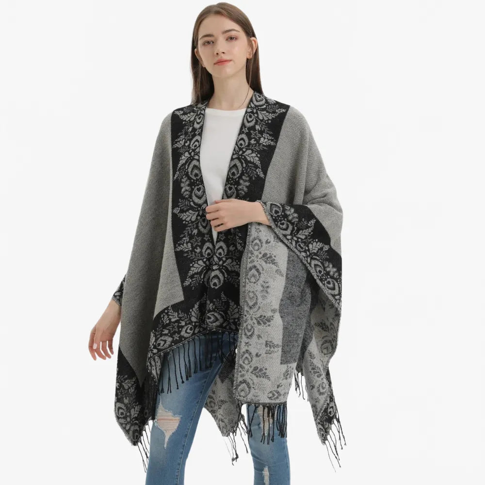 Poncho floral à franges bohème pour femme-Poncho Passion