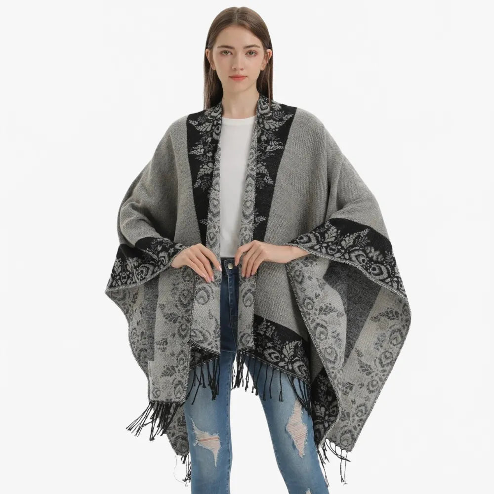 Poncho floral à franges bohème pour femme-Poncho Passion