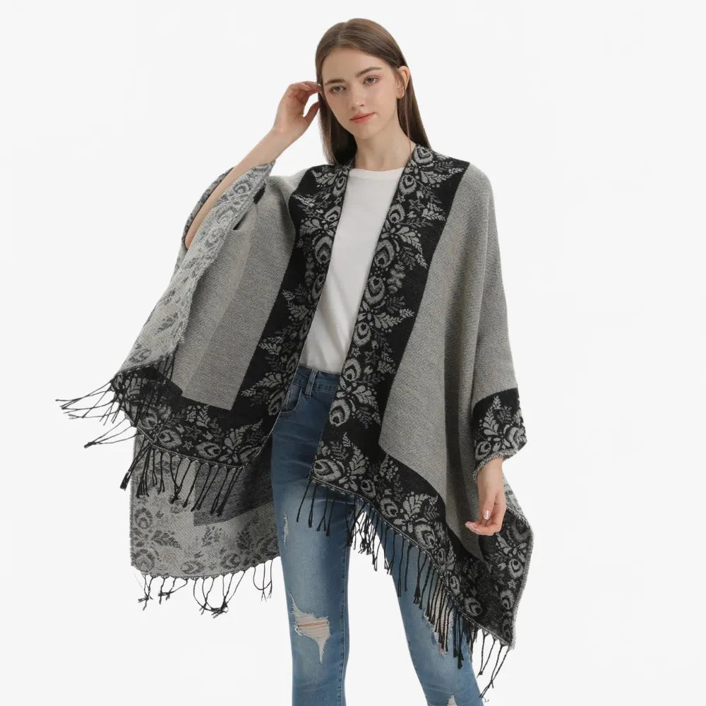 Poncho floral à franges bohème pour femme-Poncho Passion