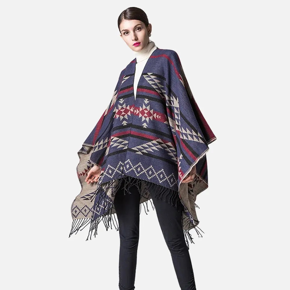 Poncho mexicain bleu marine motifs traditionnels-Poncho Passion