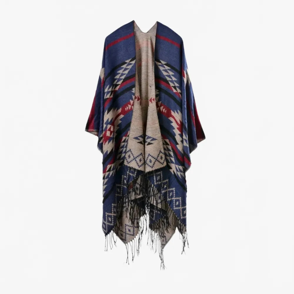 Poncho mexicain bleu marine motifs traditionnels-Poncho Passion