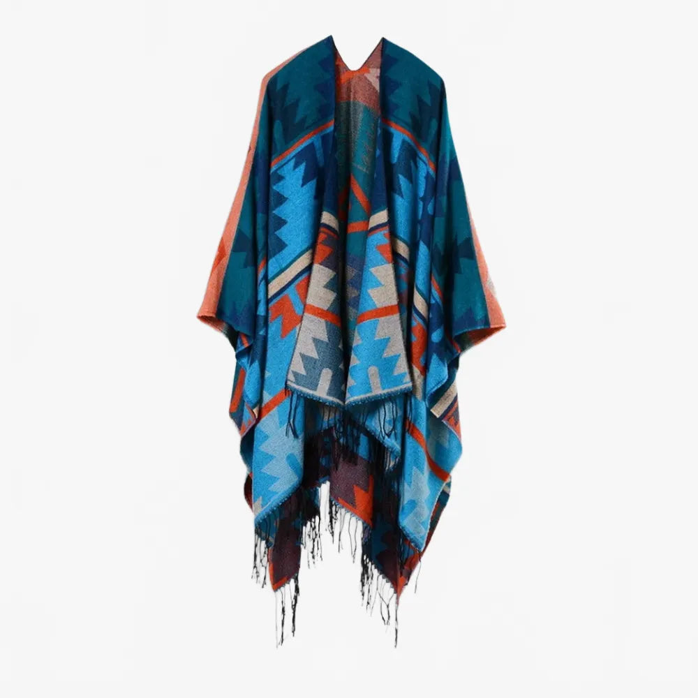 Poncho mexicain bleu motifs ethniques pour adulte-Poncho Passion