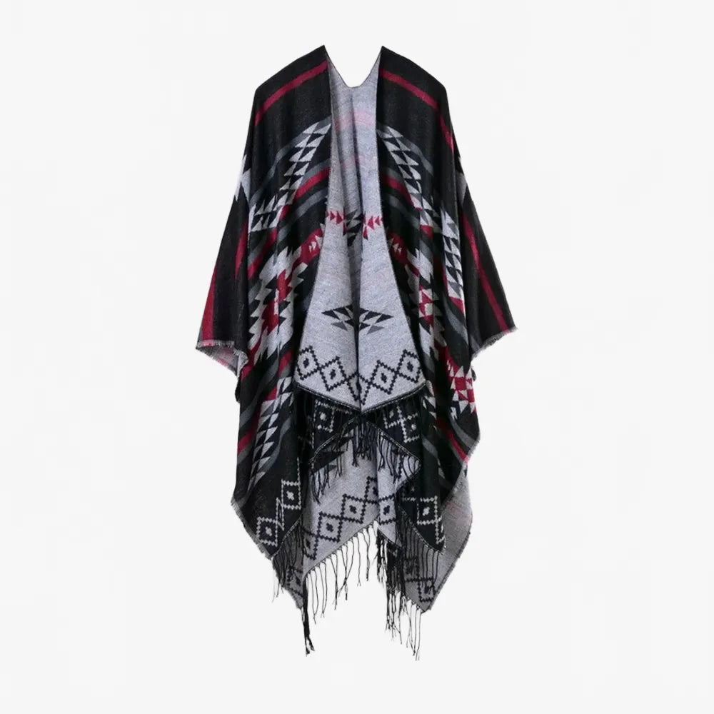 Poncho mexicain noir motifs ethniques pour l'hiver-Poncho Passion