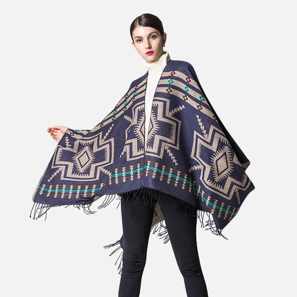 Poncho motif croix mexicaine bleu marine élégant-Poncho Passion