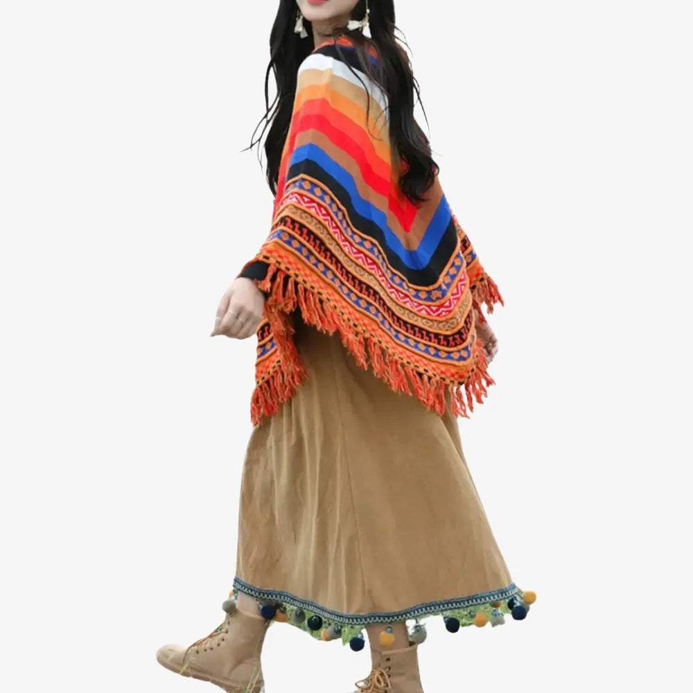 Poncho péruvien à franges ethnique coloré élégant-Poncho Passion