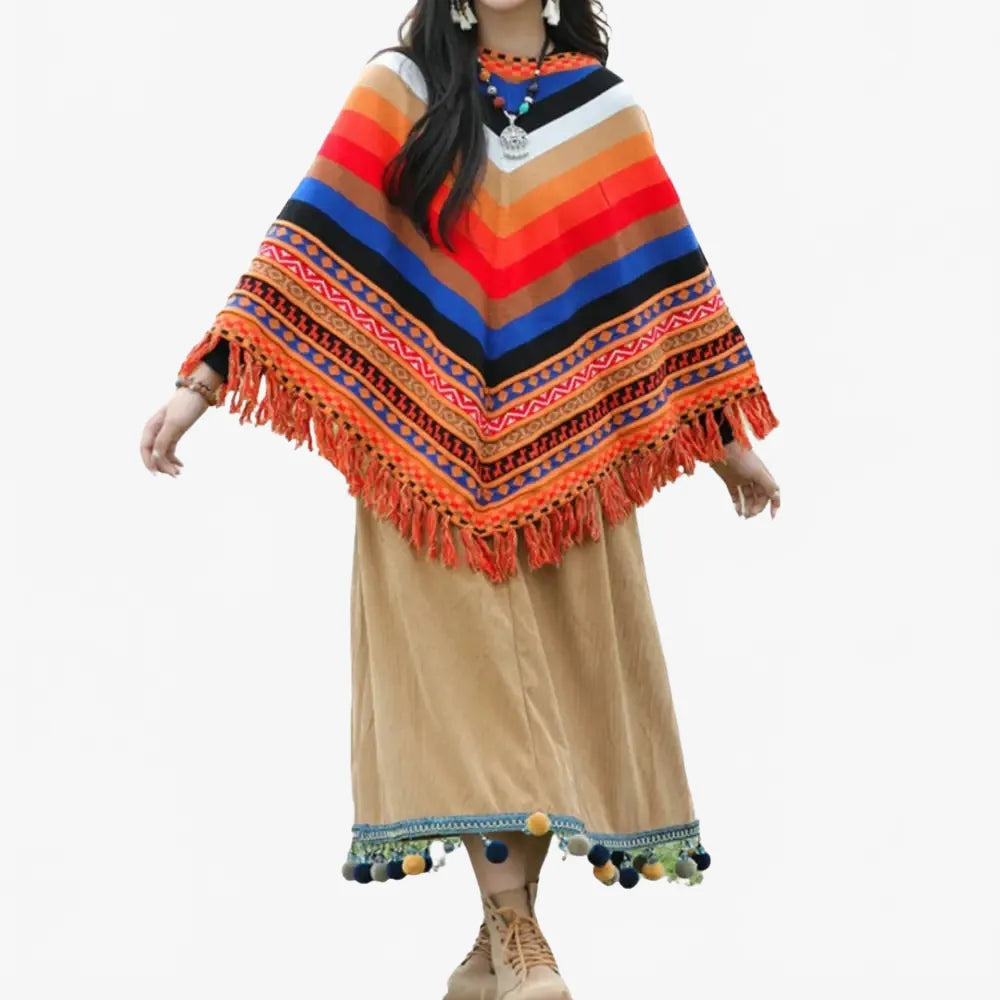 Poncho péruvien à franges ethnique coloré élégant-Poncho Passion