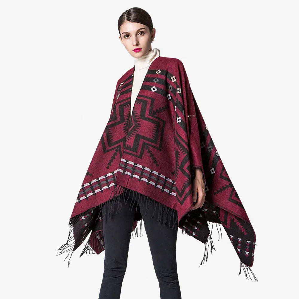 Poncho rouge motifs croix mexicaine unisexe élégant-Poncho Passion