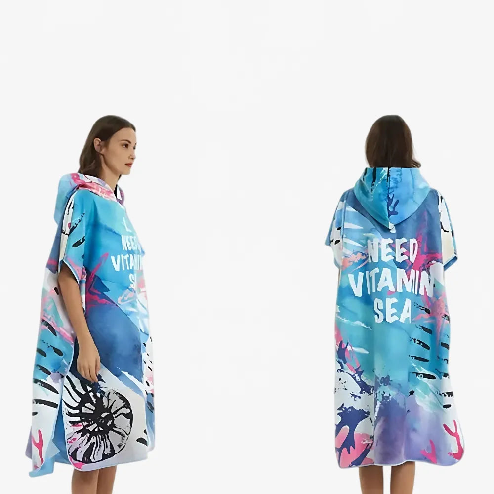 Poncho surf bicolore bleu corail pour plage et océan-Poncho Passion