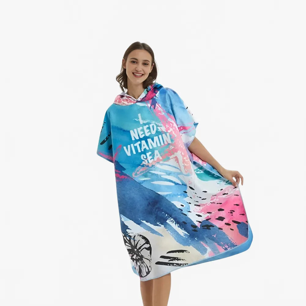 Poncho surf bicolore bleu corail pour plage et océan-Poncho Passion
