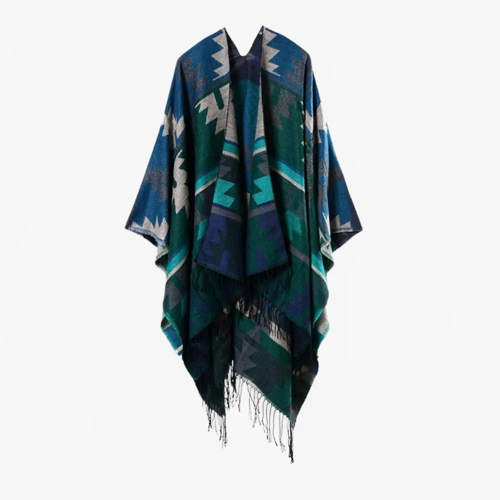 Poncho turquoise motifs péruviens unisexe élégant-Poncho Passion